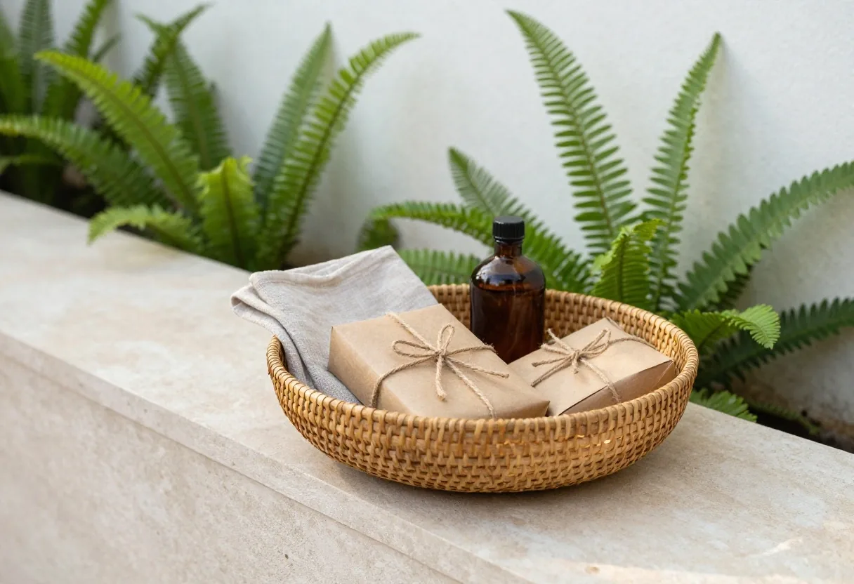 A wrapped parcel resting on a packing bench at the PrimaVita compound in Seminyak