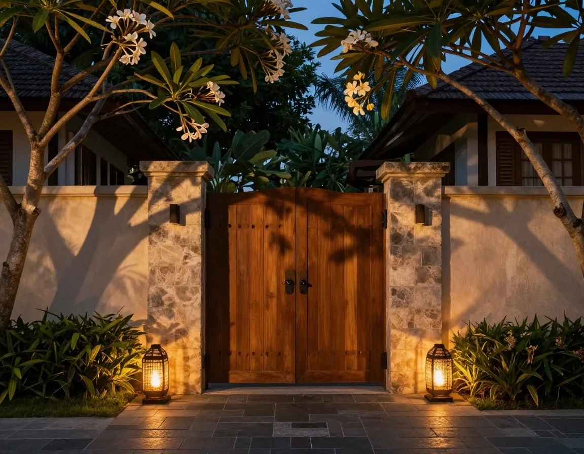 The PrimaVita compound gate in Seminyak at blue hour, with plant shadow across the wall panel