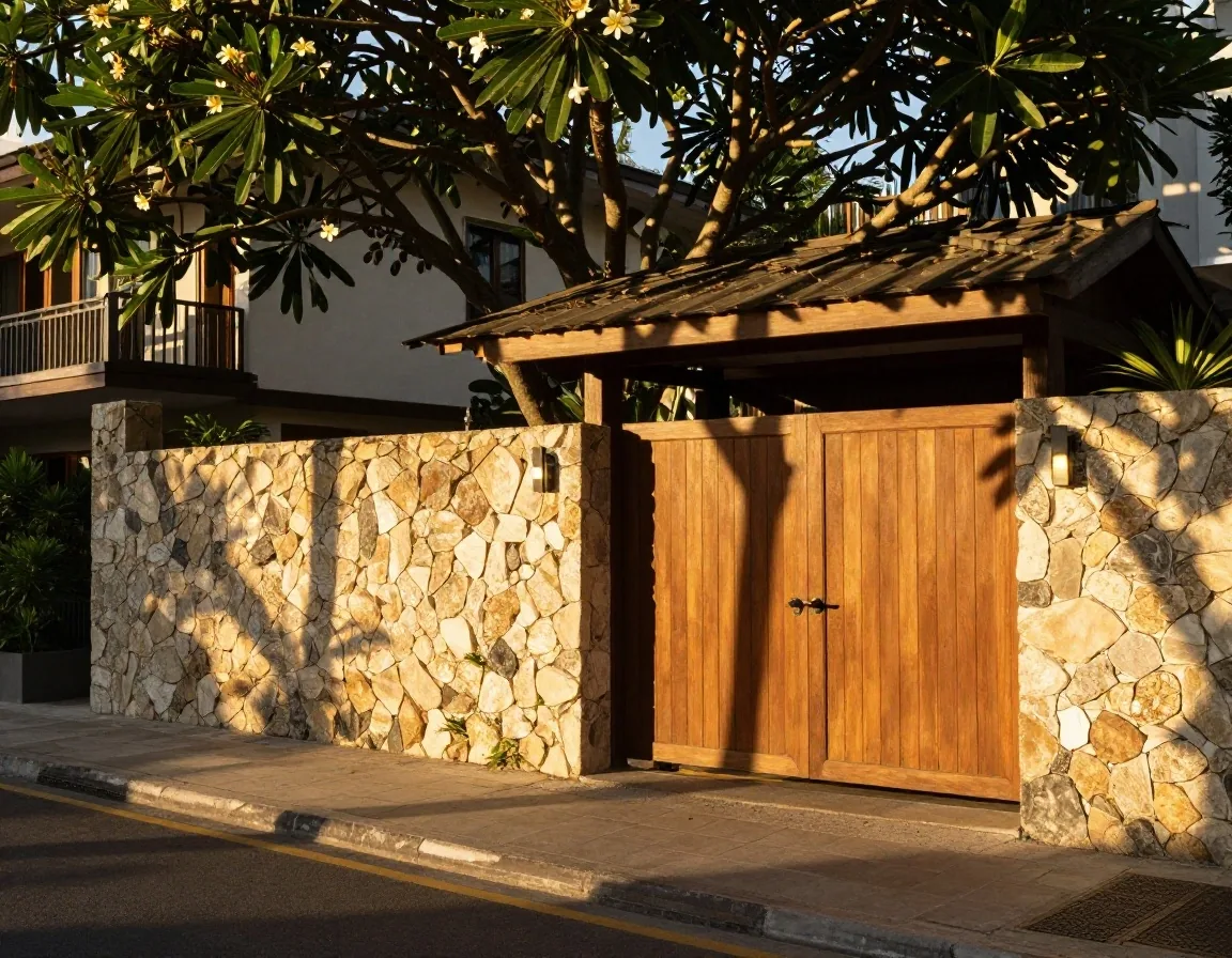 The PrimaVita compound entrance on Sunset Road in Seminyak in late afternoon light