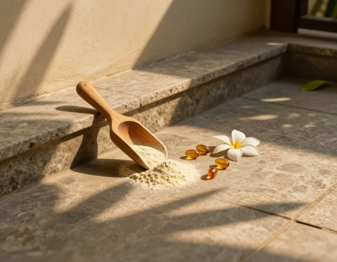 A slate counter with a scoop of powder, loose capsules, and a folded cloth in warm afternoon light