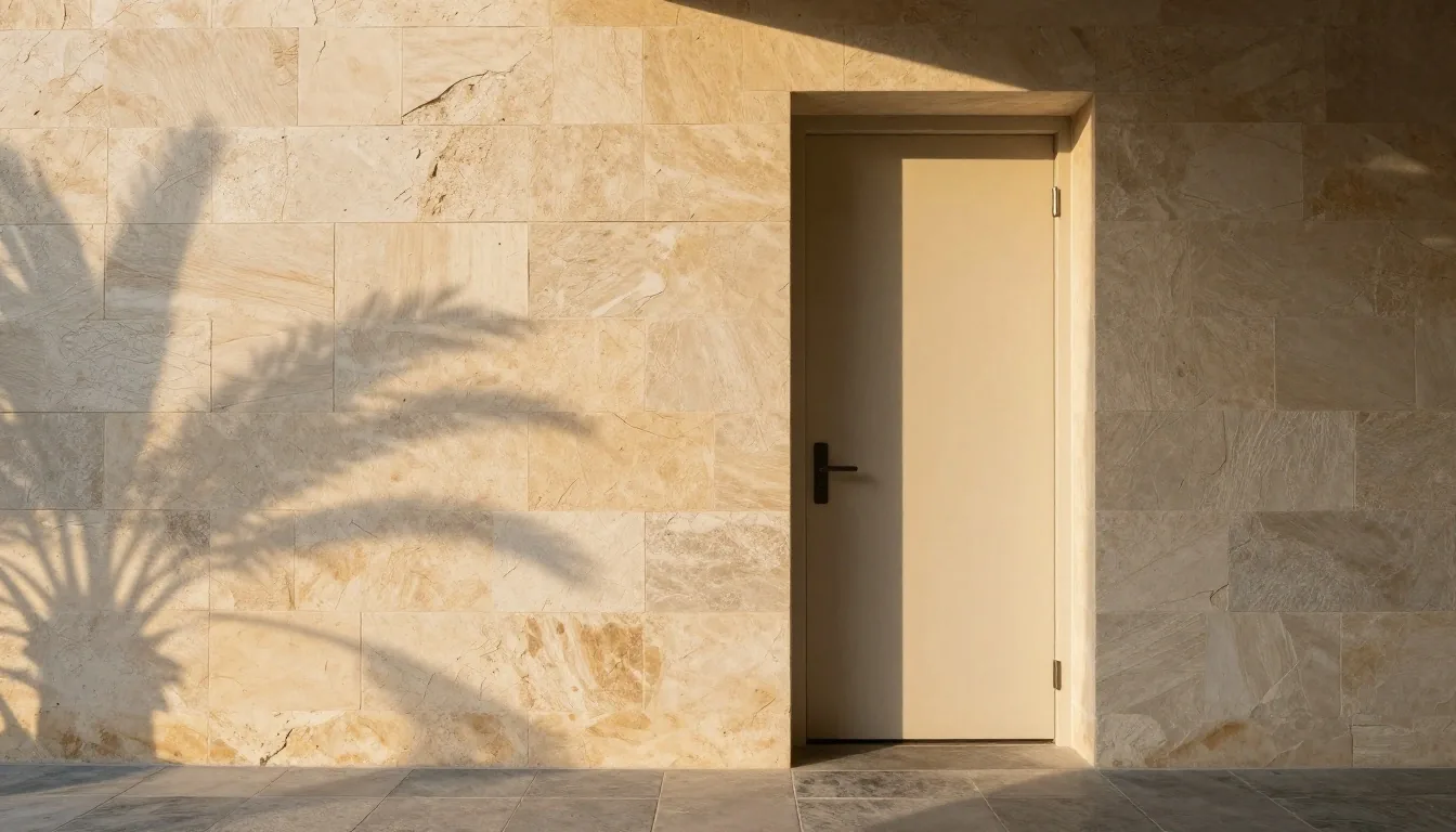 Late-afternoon shadow of a leaf across the limestone corridor wall at the PrimaVita compound
