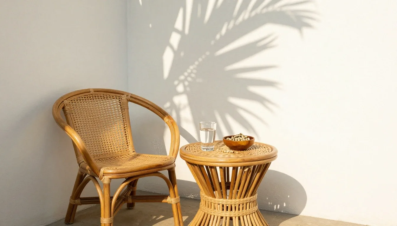 Wooden desk beside a shuttered window with a glass of water and a small bowl of capsules in late-afternoon light